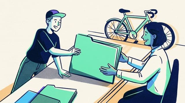 Freelance designer slides a bright mint folder across a studio table to a relieved client, with a courier bicycle leaning against the wall, afternoon light and diagonal shadows