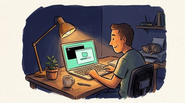 A technically minded person at a home desk in the evening, calm and satisfied as a mint-glowing laptop screen shows a completed file transfer