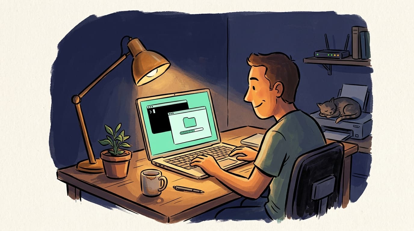 A technically minded person at a home desk in the evening, calm and satisfied as a mint-glowing laptop screen shows a completed file transfer
