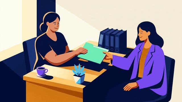 An accountant slides a mint folder across a desk to a relieved client, navy binders lining the wall behind her, morning sunlight cutting across the wooden desk