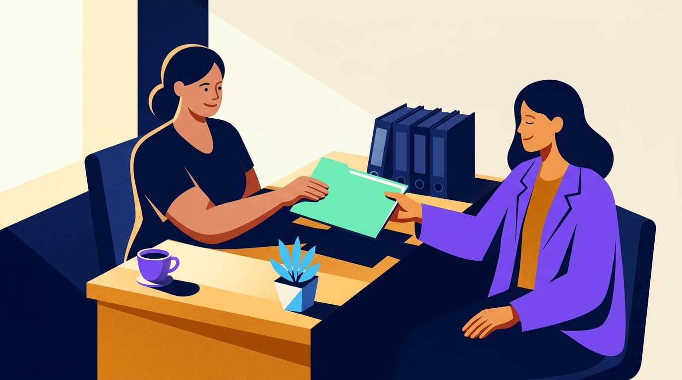 An accountant slides a mint folder across a desk to a relieved client, navy binders lining the wall behind her, morning sunlight cutting across the wooden desk