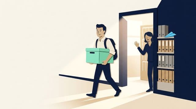 Person walking out of an open navy door carrying a mint file box, waving goodbye to a smiling host in the doorway, spring light pouring in