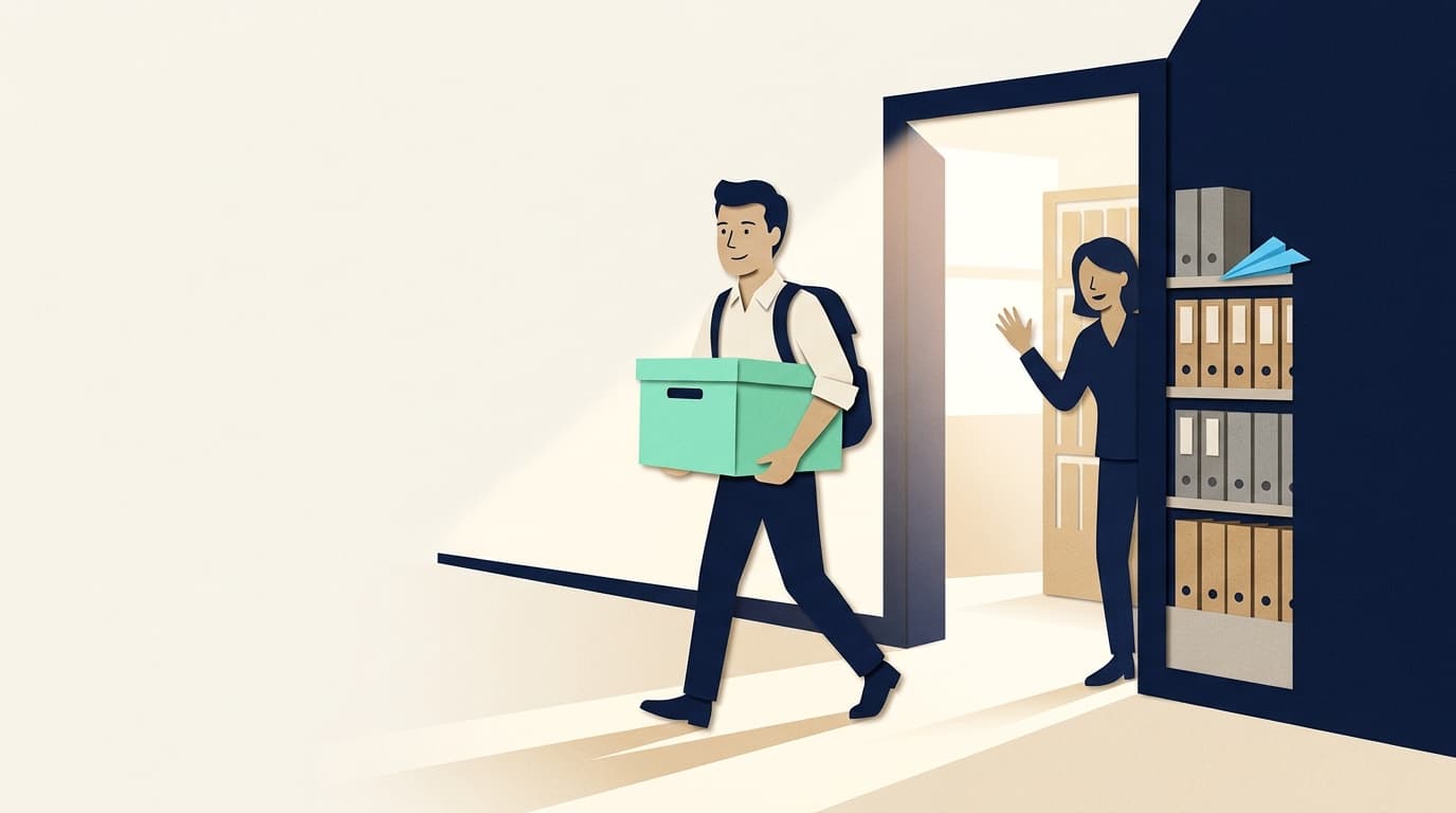 Person walking out of an open navy door carrying a mint file box, waving goodbye to a smiling host in the doorway, spring light pouring in