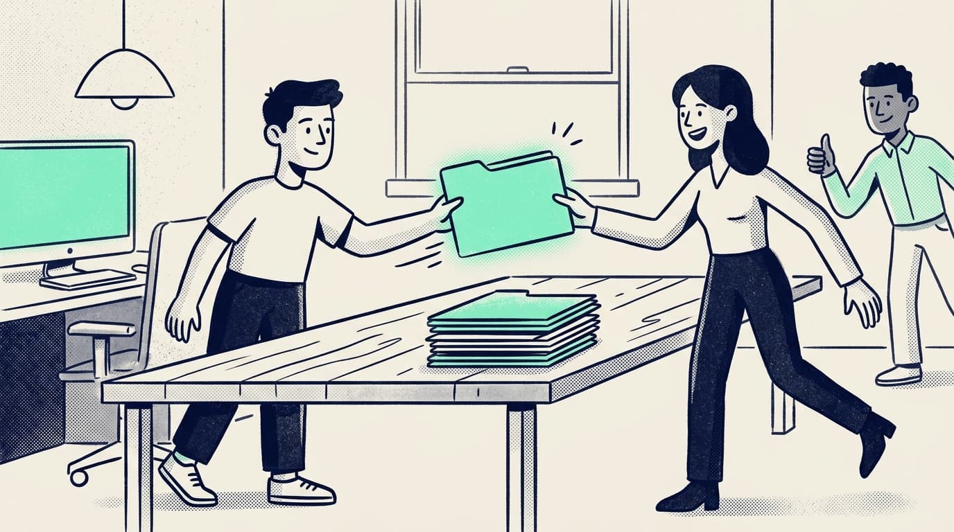 A graphic designer at a small studio slides a mint folder to a delighted client across a long table, with brand guidelines stacked neatly and afternoon light filling the room