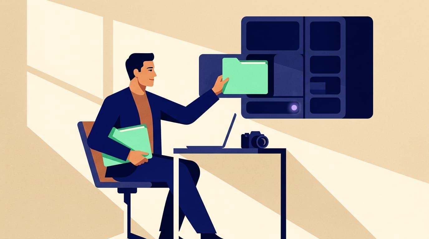 A technically-minded person slides a mint folder into a navy wall cabinet, keeping a second copy under their arm -- clean geometric poster style, cream background, calm satisfaction of a smooth migration