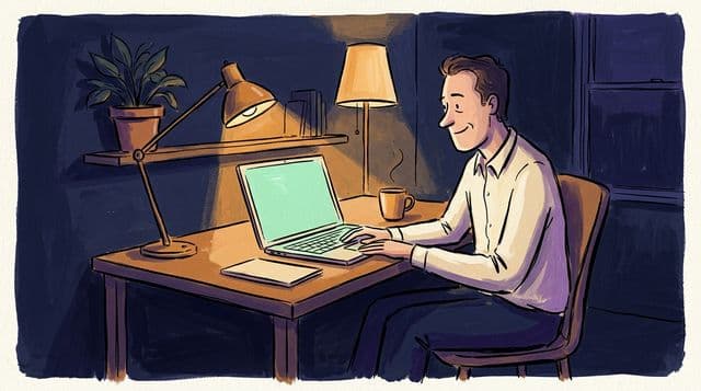 A consultant at a tidy desk in early evening, warm amber lamp light on a notebook and coffee cup, looks at a laptop screen glowing mint as a client deliverable arrives; a plant on the shelf behind, a closed folder ready to archive