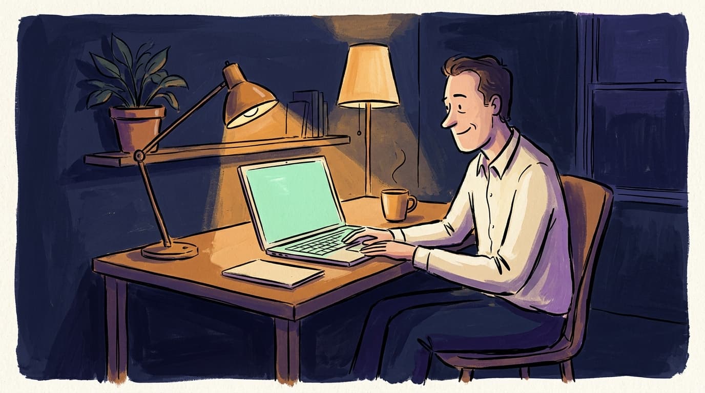 A consultant at a tidy desk in early evening, warm amber lamp light on a notebook and coffee cup, looks at a laptop screen glowing mint as a client deliverable arrives; a plant on the shelf behind, a closed folder ready to archive