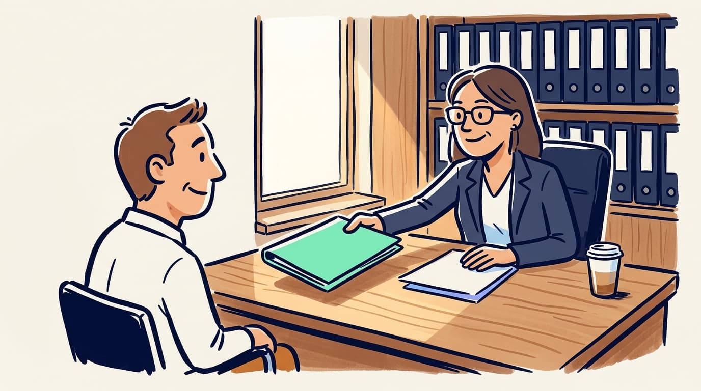 A lawyer slides a mint folder across a desk to a relieved client in a small law office, morning light and neat binders in the background