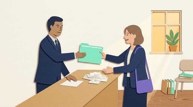 Accountant slides a mint folder across a desk to a relieved client in a sunlit office, scattered paper envelopes set aside