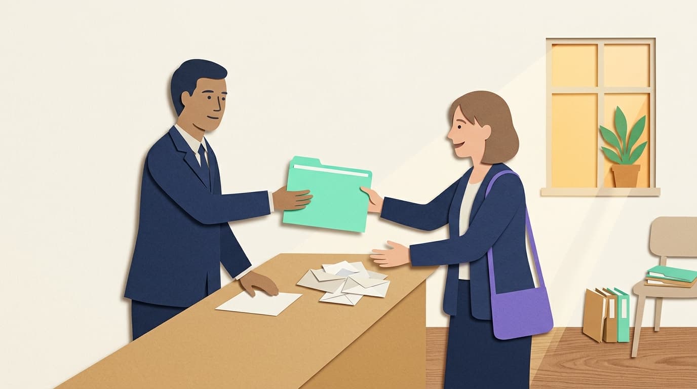 Accountant slides a mint folder across a desk to a relieved client in a sunlit office, scattered paper envelopes set aside