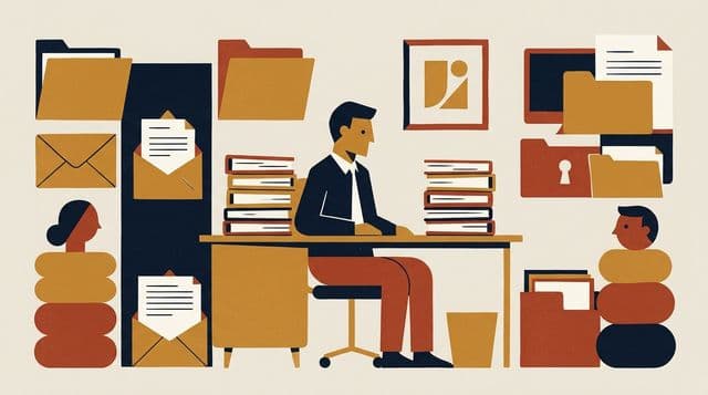 A mid-century modernist illustration of a small accounting office with a tidy desk, client folders, and a firm logo on the wall