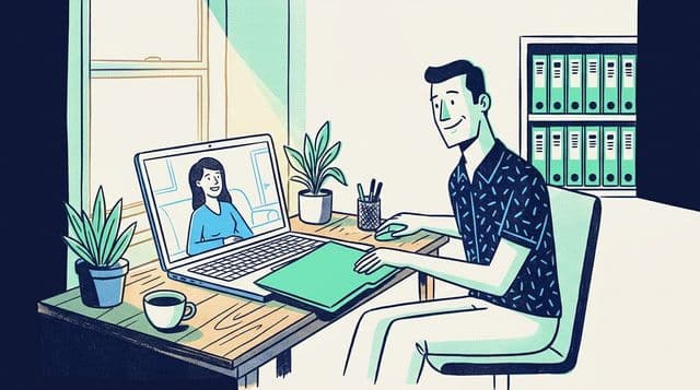 Freelancer at a sunlit home desk slides a mint folder to a client, organized archive behind them