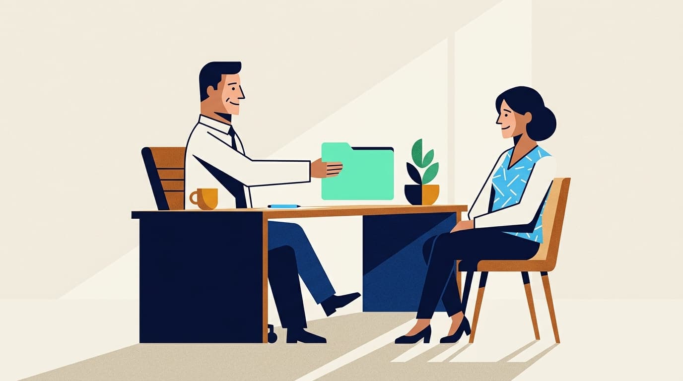 A financial advisor slides a mint folder across a geometric desk to a client, sunlit office, calm delivery