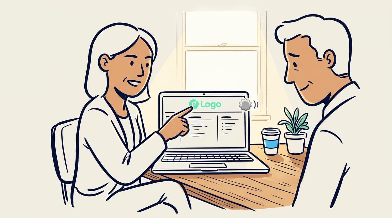 Accountant shows a client a branded portal screen with the firm's own logo, replacing a generic vendor interface; sunlit office with a coffee cup and plant