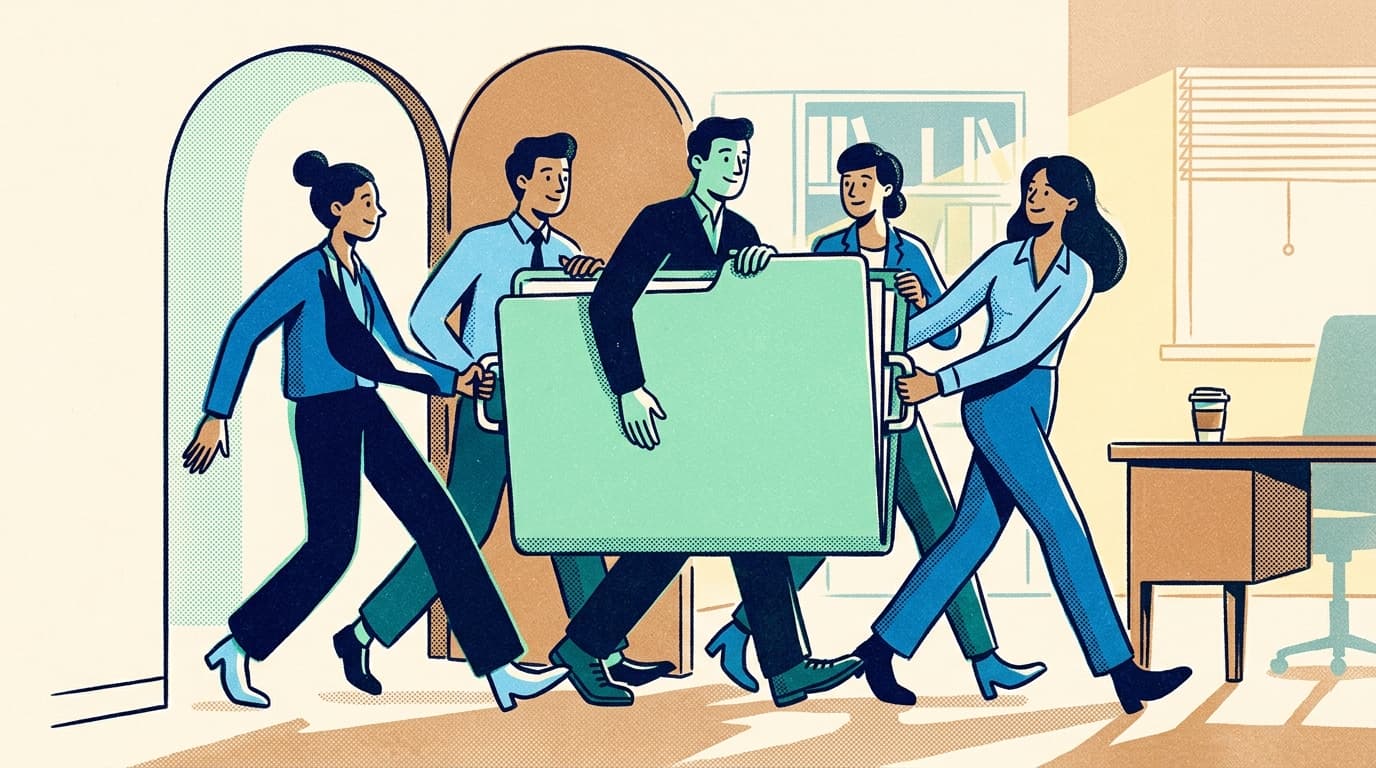 Five accounting professionals carry one large mint-green client folder together through a bright office doorway, each with a hand on it, faces showing quiet relief and shared pride
