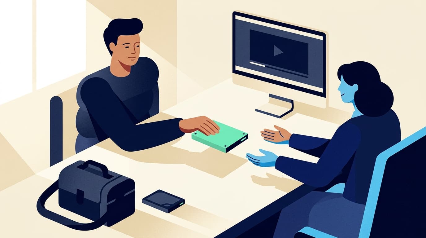 A videographer slides a mint hard drive across a wide desk to a relieved client in a small edit suite, afternoon light casting geometric shadows