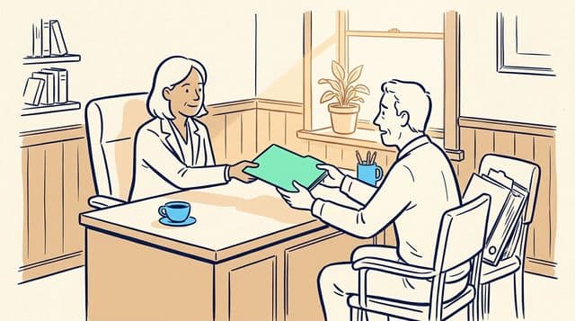 A lawyer in a small sunlit office hands a client a bright mint folder across a wooden desk, the client reaching forward with visible relief