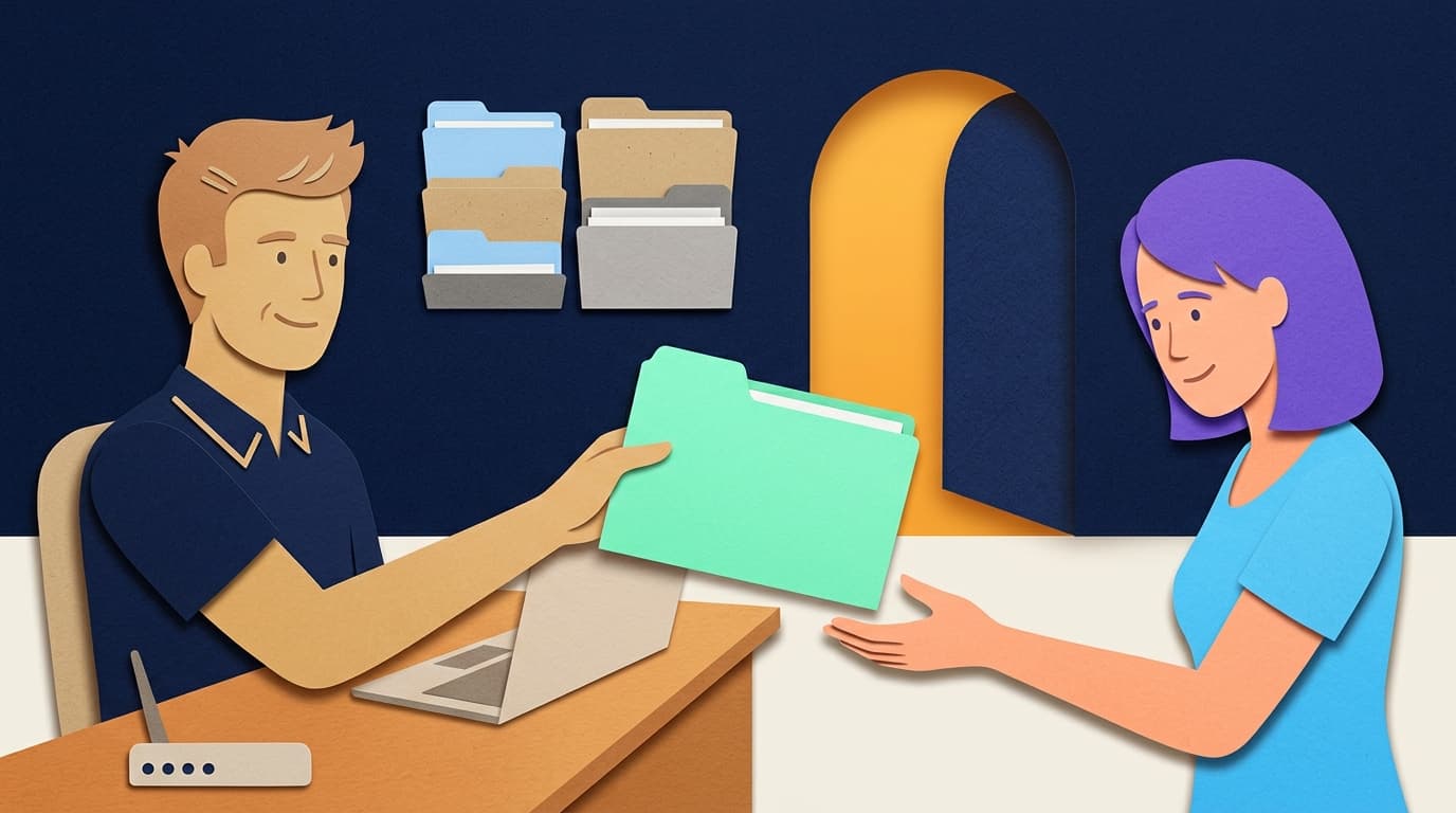 IT consultant passes a mint folder to a relieved client across a desk, navy door open with warm light, cut-paper collage style