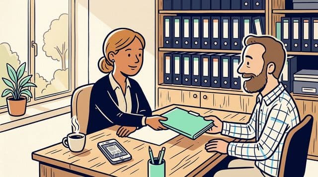 Accountant slides a mint folder across the desk to a relieved client in a sunlit tax office, organized binders on the wall behind her