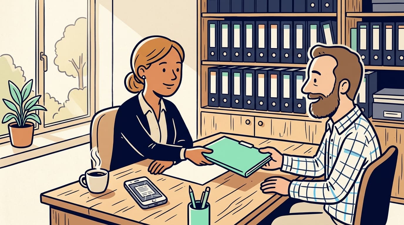 Accountant slides a mint folder across the desk to a relieved client in a sunlit tax office, organized binders on the wall behind her