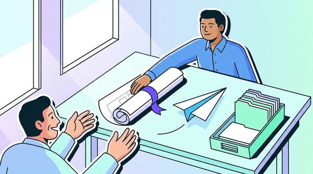 An architect slides a rolled drawing set across a pale aqua drafting table to a relieved client, with a white paper plane carrying a folder gliding into a mint tray; bright studio daylight, geometric flat illustration