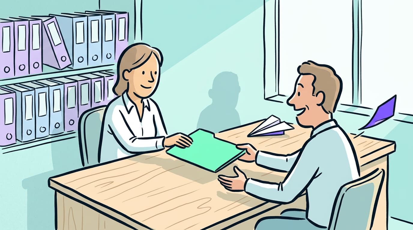 An insurance agent slides a mint document folder to a relieved client across a sunlit desk, with organized binders behind her and a paper plane on the corner