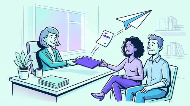 Mortgage broker slides a violet folder across a desk to a relieved couple as a paper plane with a sky-blue wing delivers the final document