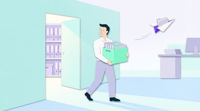 Accountant carries mint box of client folders through open aqua door into tidy archive room, paper plane with violet tail sailing to right desk