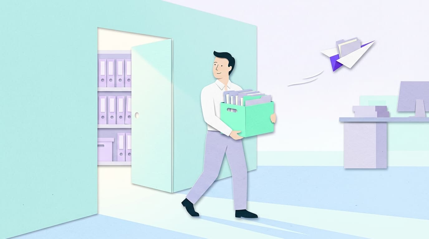 Accountant carries mint box of client folders through open aqua door into tidy archive room, paper plane with violet tail sailing to right desk