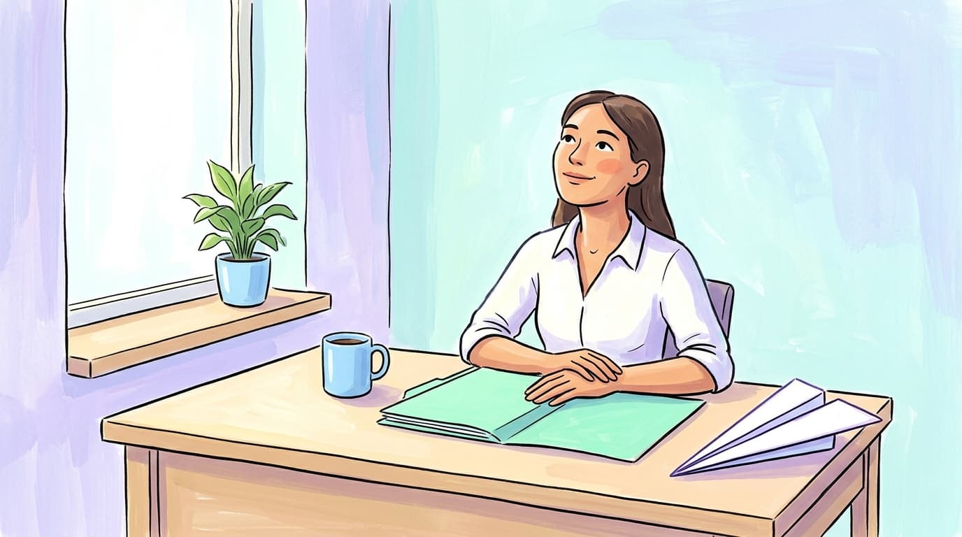 Accountant at a sunlit home-office desk, mint folder open, white paper plane landed on the corner, daylight through the window, quiet morning satisfaction