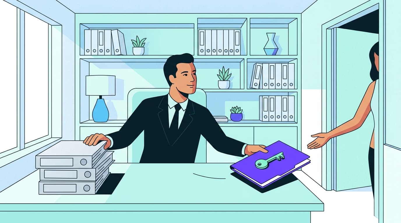 Lawyer in a bright small office slides a violet folder across a pale-aqua desk toward an open doorway, with morning light and mint key on top