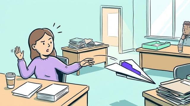 Accountant reaches toward a paper plane carrying a violet folder that has banked toward the wrong desk, pale aqua office with morning light