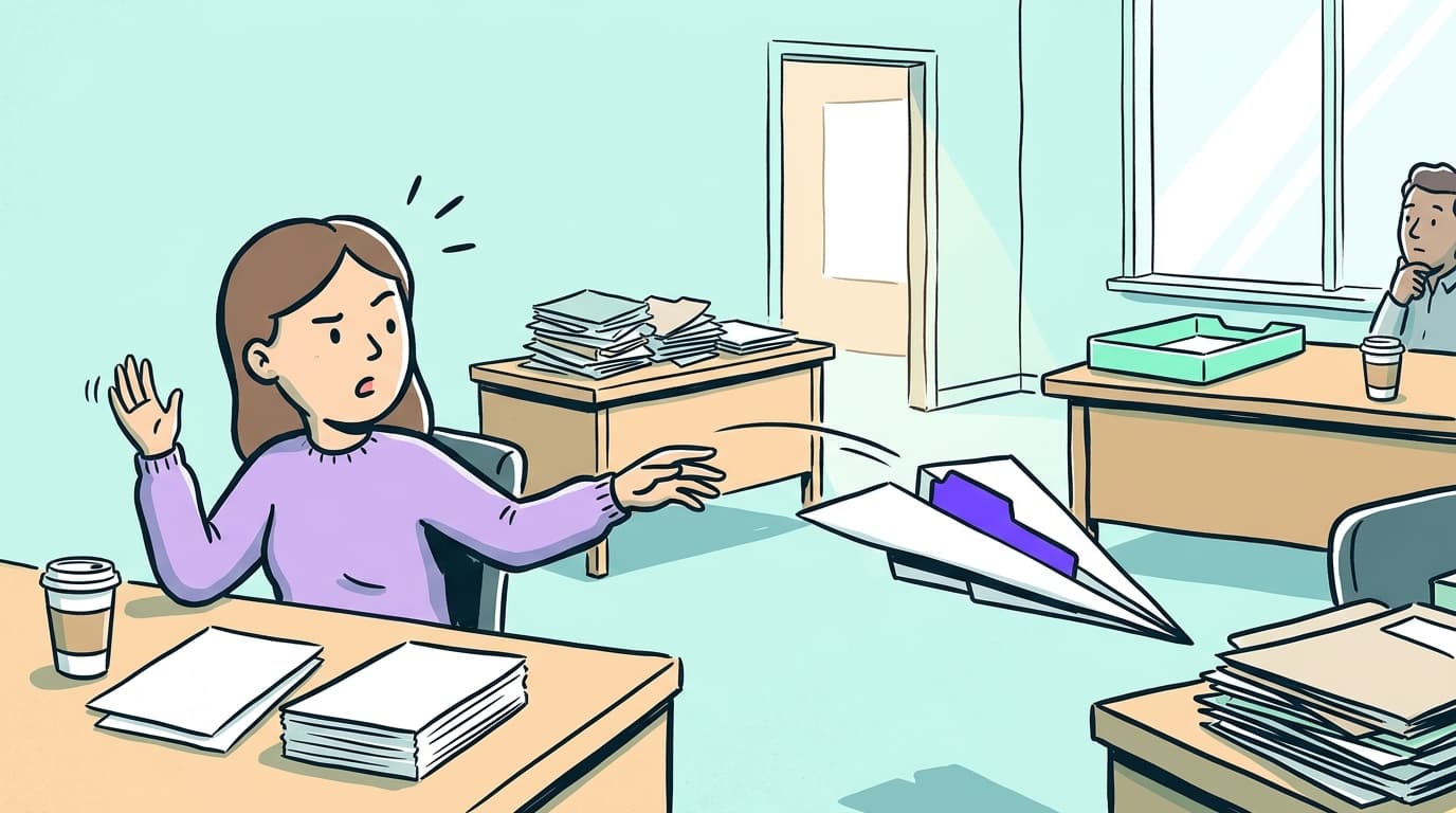 Accountant reaches toward a paper plane carrying a violet folder that has banked toward the wrong desk, pale aqua office with morning light