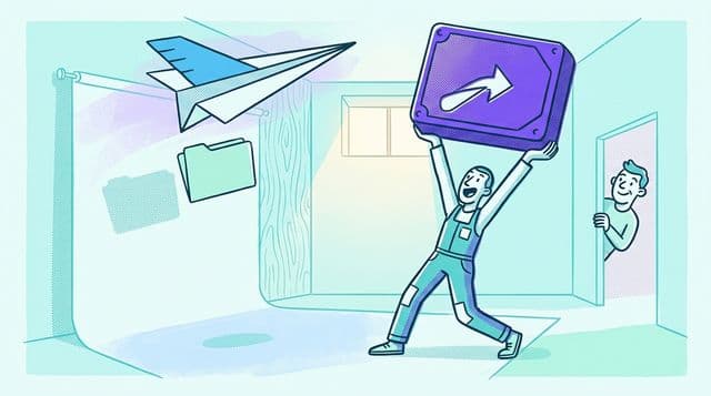 Photographer on a bright studio floor holds a violet hard drive above their head, triumphant, as a paper plane with a sky-blue wing carries a folder across the frame toward a relieved client in the doorway