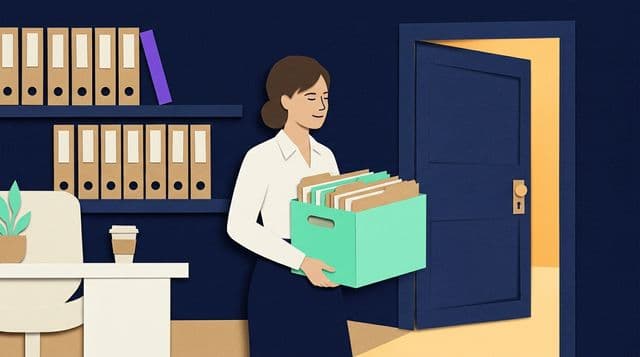 Tax professional carrying a mint-colored box of client folders through an open doorway, cut-paper collage style