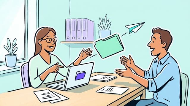 Accountant at a sunny desk points at a laptop while a mint folder glides to a relieved client, small paper plane trailing behind, pale aqua walls