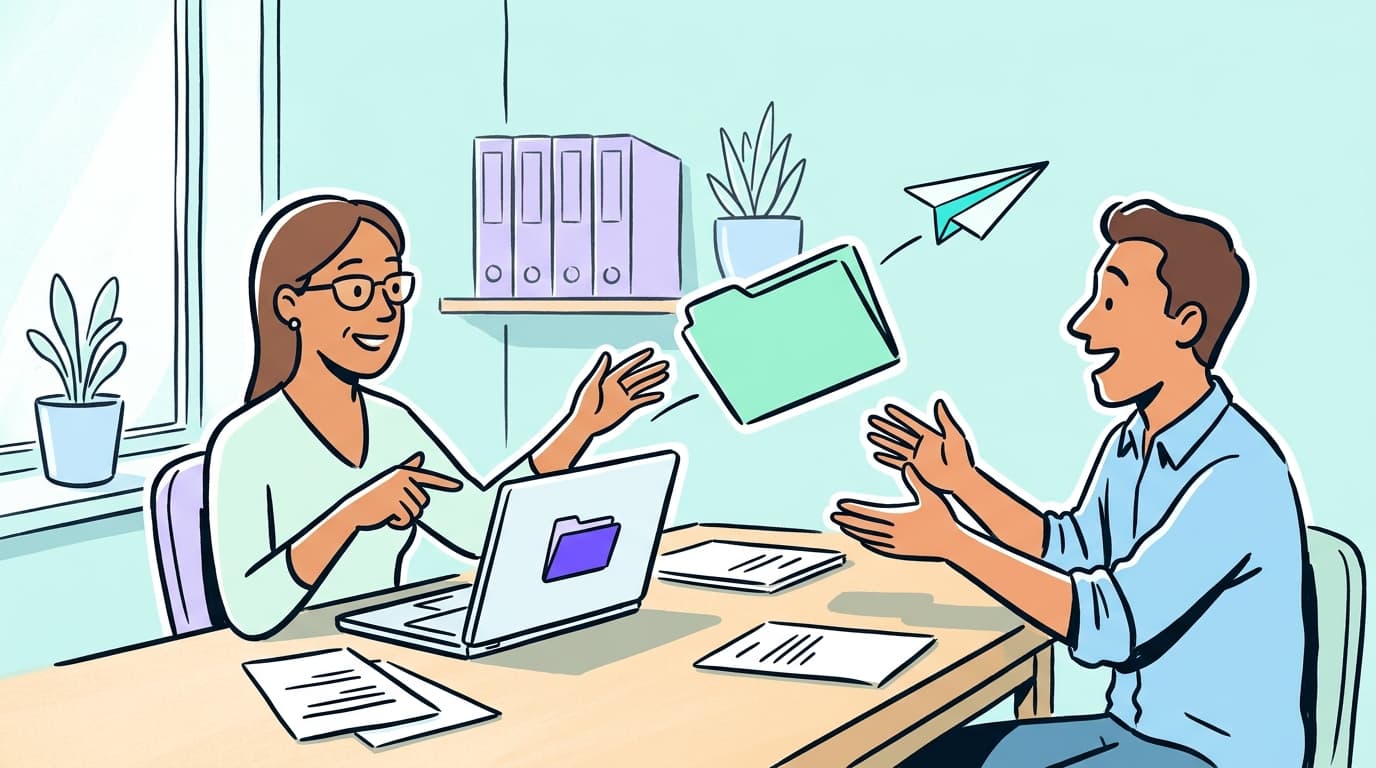 Accountant at a sunny desk points at a laptop while a mint folder glides to a relieved client, small paper plane trailing behind, pale aqua walls