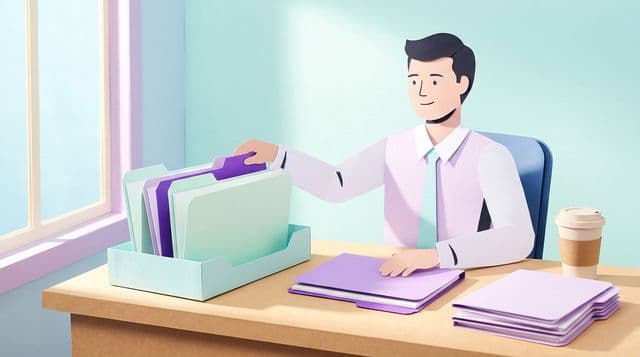 An accountant in a cut-paper collage style organizes active client folders in an aqua tray, with archived lavender folders set aside; bright office daylight.