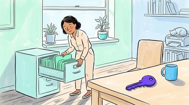 An accountant in a sunlit office places the last mint folder into an organized filing cabinet, a violet key resting on the desk in the foreground
