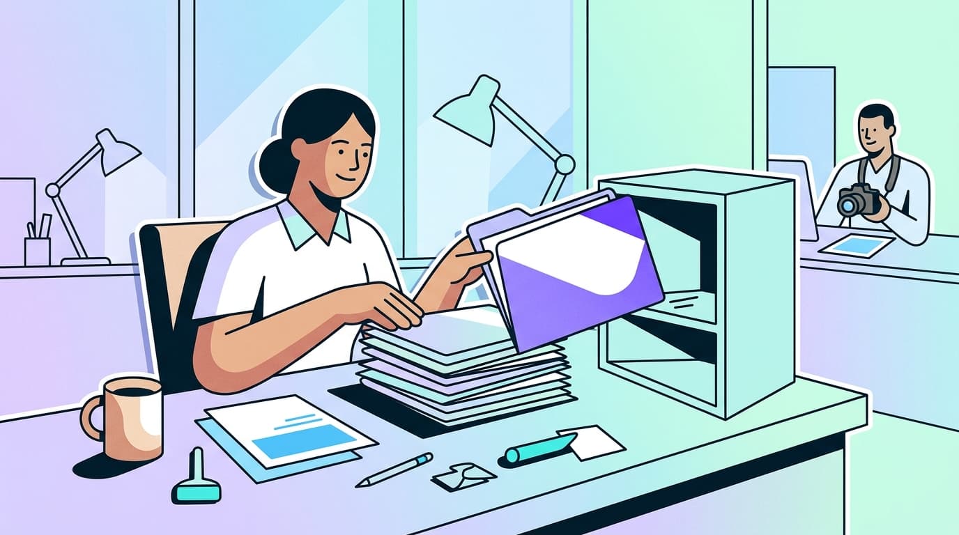 An accountant arranges color-coded folders into a tidy shelf in a bright office — a setup guide illustration for ProjectSend Cloud
