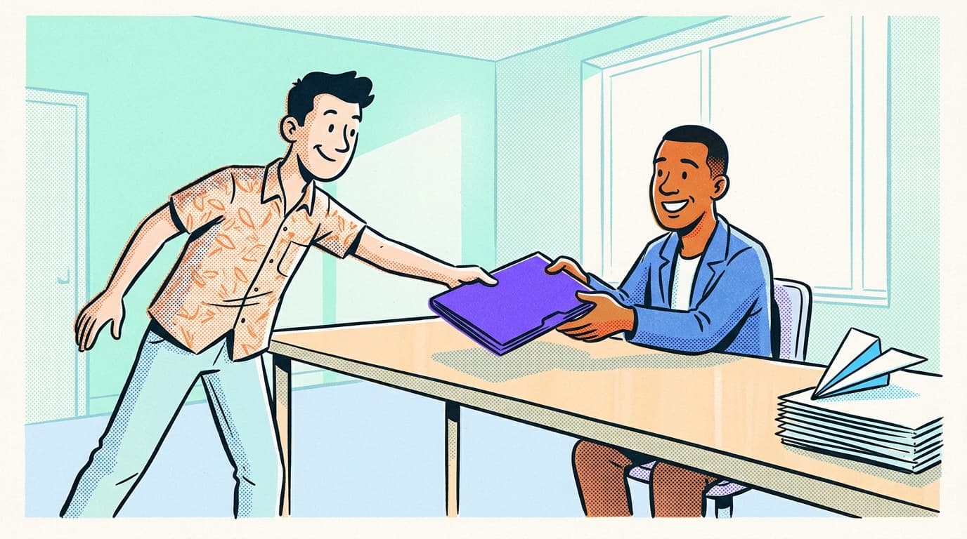 A designer at a creative agency slides a violet portfolio folder across a long table to a relieved client while a paper plane with a sky-blue wing lands nearby, Risograph illustration