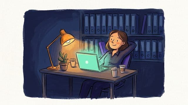 Accountant in a cozy office at dusk, lamp light and a mint laptop glow, tidy tax binders in the background, quietly satisfied at end of tax season