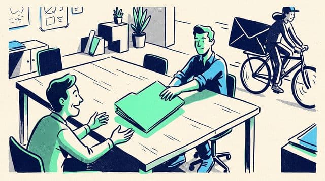 A designer slides a large mint folder across a wide studio table to a relieved client, with a courier bicycle carrying an envelope out of frame in a Risograph screen-print style