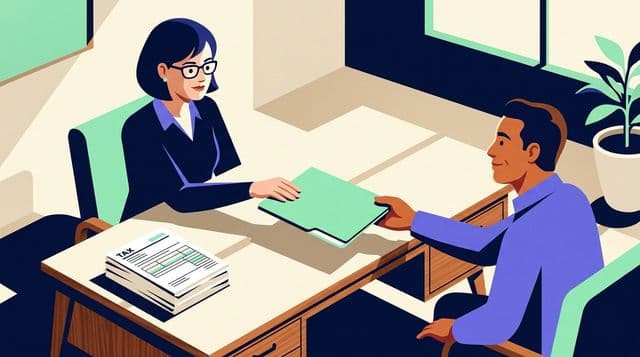 A bookkeeper slides a mint folder across her desk to a relieved client in a sunlit accounting office, geometric shadows on the cream surface