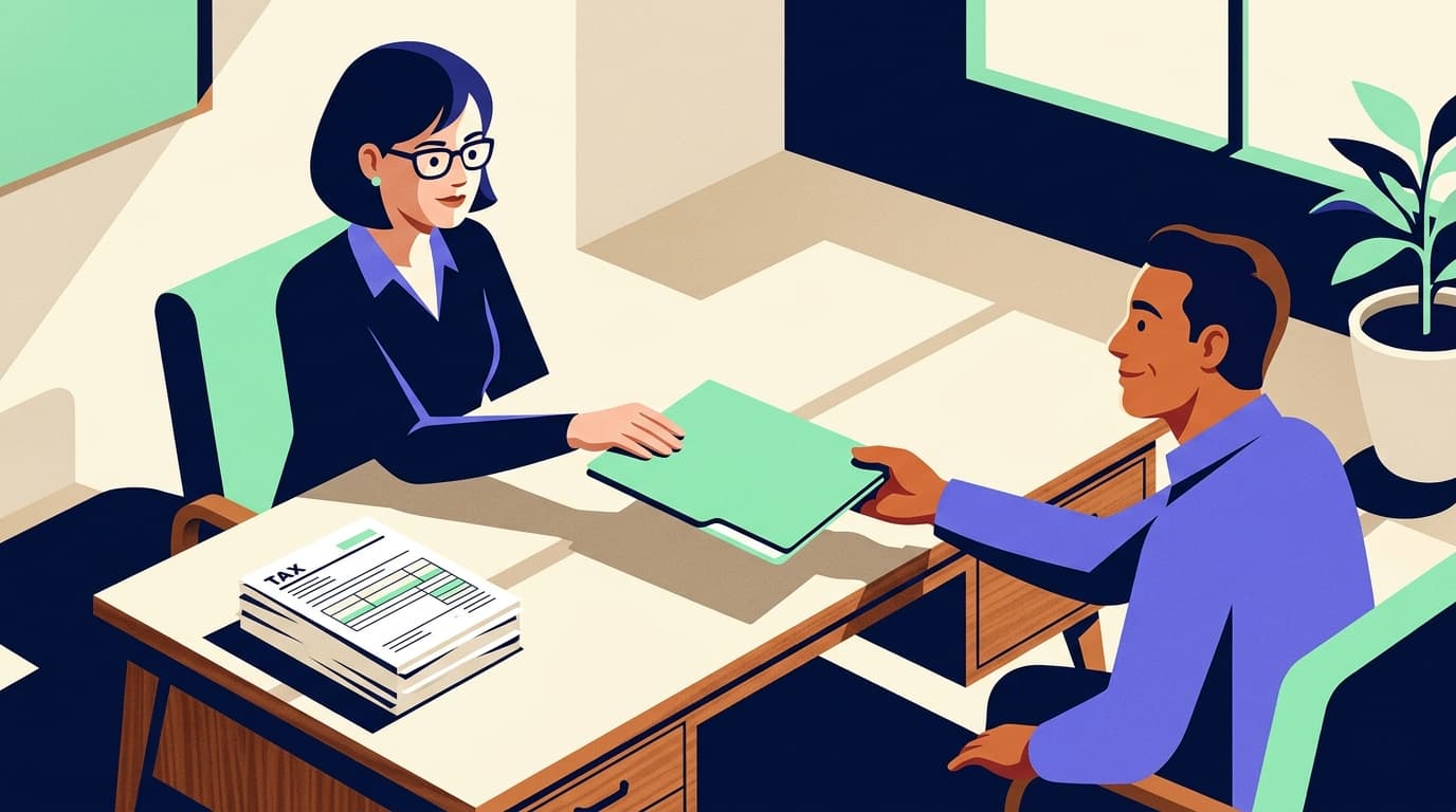 A bookkeeper slides a mint folder across her desk to a relieved client in a sunlit accounting office, geometric shadows on the cream surface