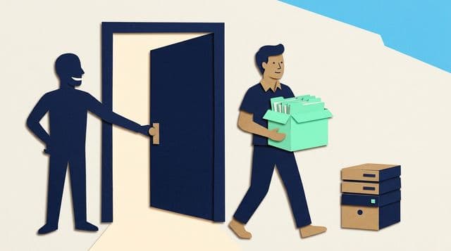A person carries a mint box of files through an open navy paper door, leaving with calm ownership while a friendly paper server stands nearby